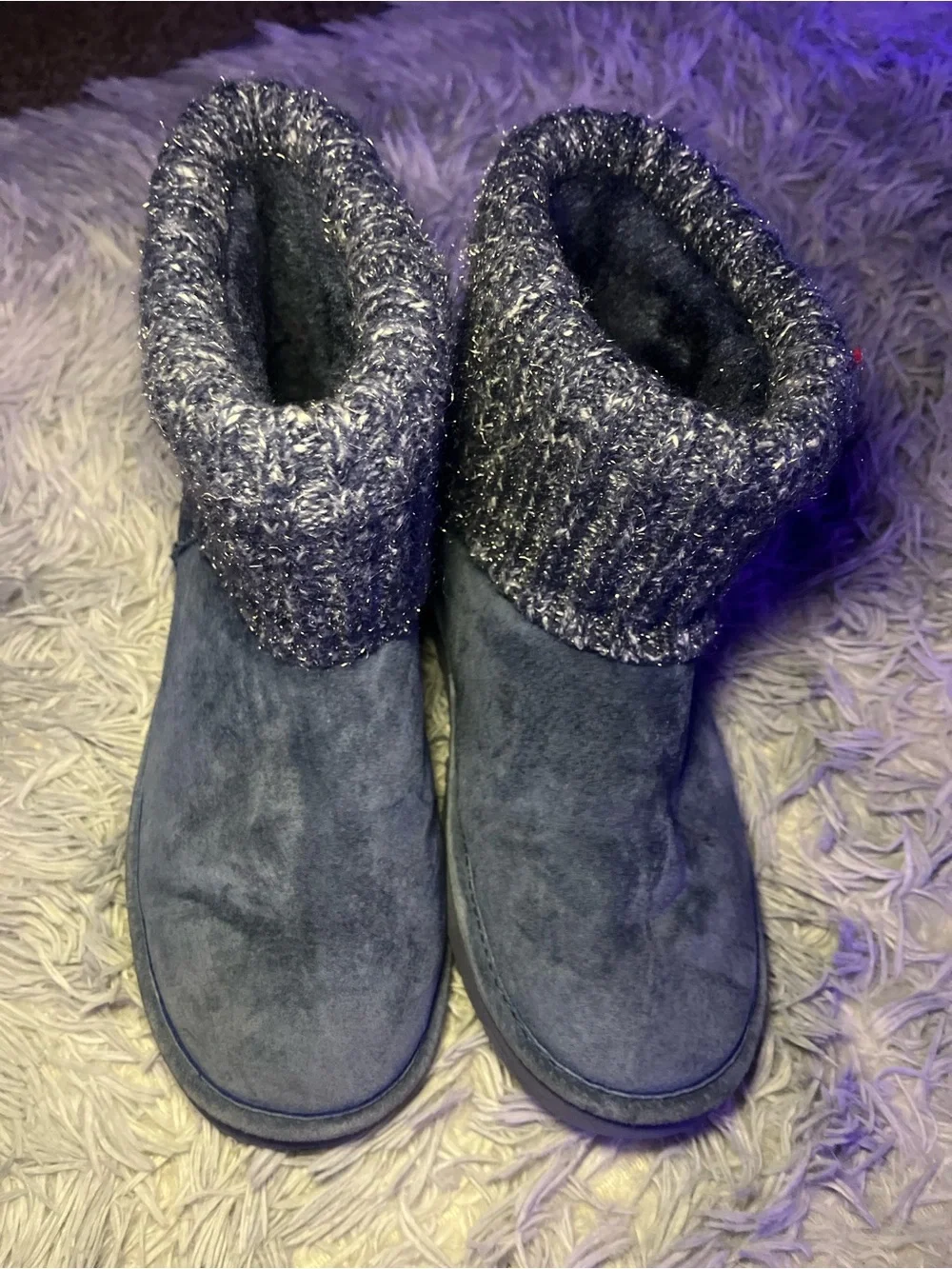 Cozy Women's Lams Fold-Over Knit Cuff Booties - Blue